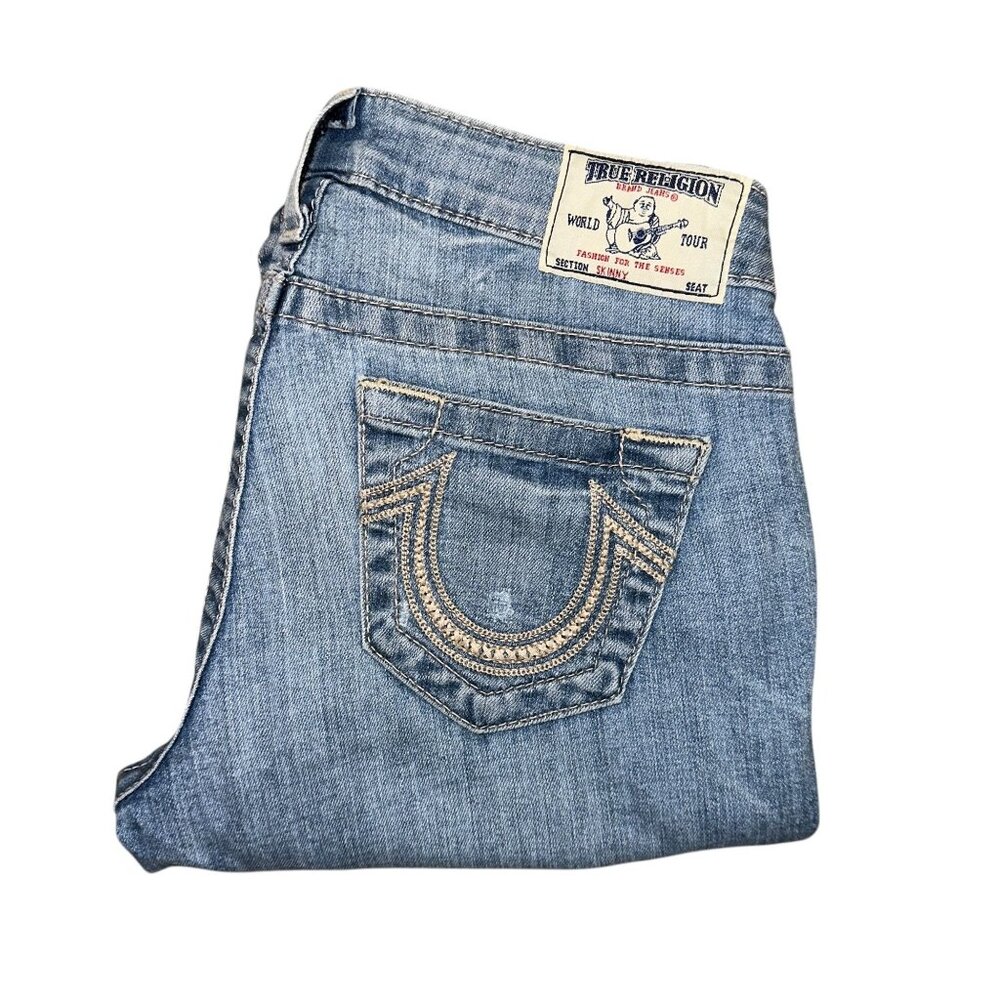 True Religion Womens Skinny Jeans 28 32 Light Wash Distressed Embroidered Blue